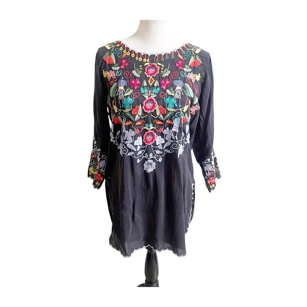 Johnny Was Herlinde Tunic Small Blue Embroidered Boho Hippie Floral Fairy Flowy